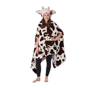 Brown cow cozy critter wrap blanket soft animal print hooded members mark